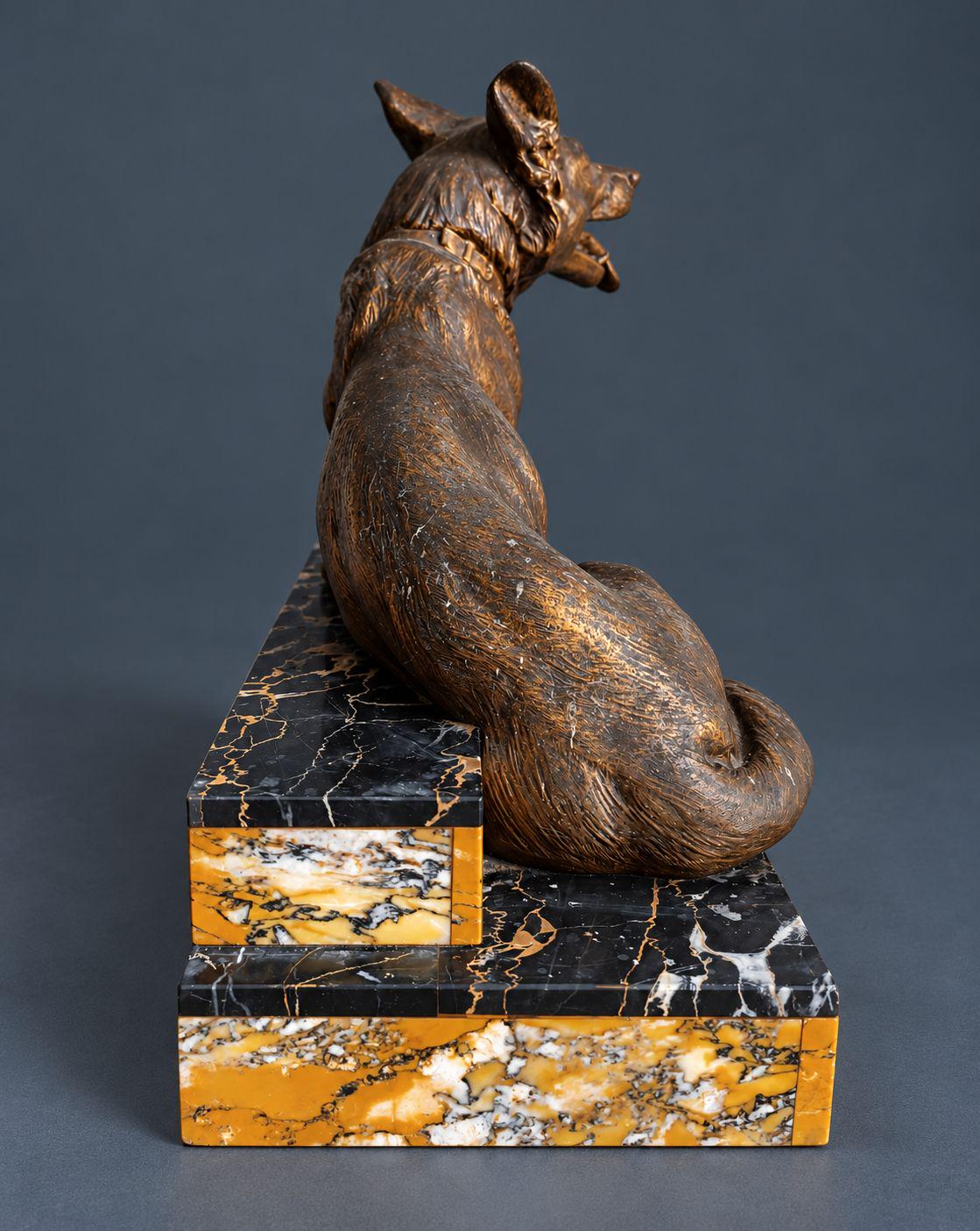 Vintage Art Deco L. Carvin Spelter German Shepherd Dog Sculpture, Signed on Collar, Reclining on Sienna and Portoro Marble Base