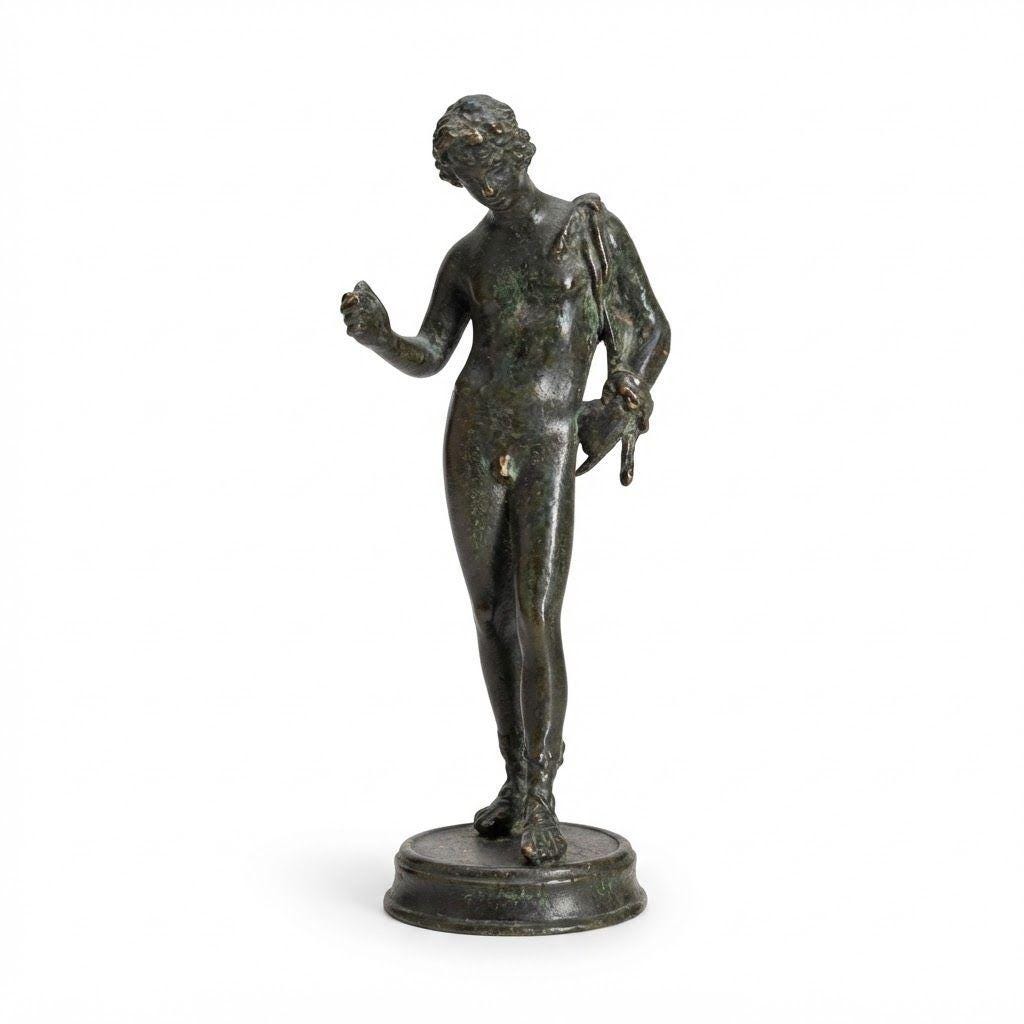 Antique 19th Century Grand Tour Bronze Statuette of Narcissus or Dionysus, After the Pompeii Original, Dark Green Patina