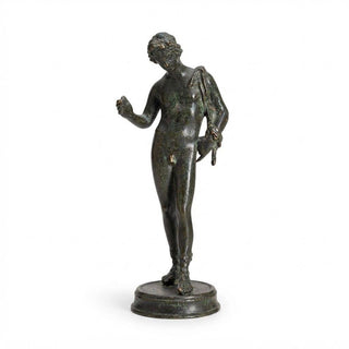 Antique 19th Century Grand Tour Bronze Statuette of Narcissus or Dionysus, After the Pompeii Original, Dark Green Patina