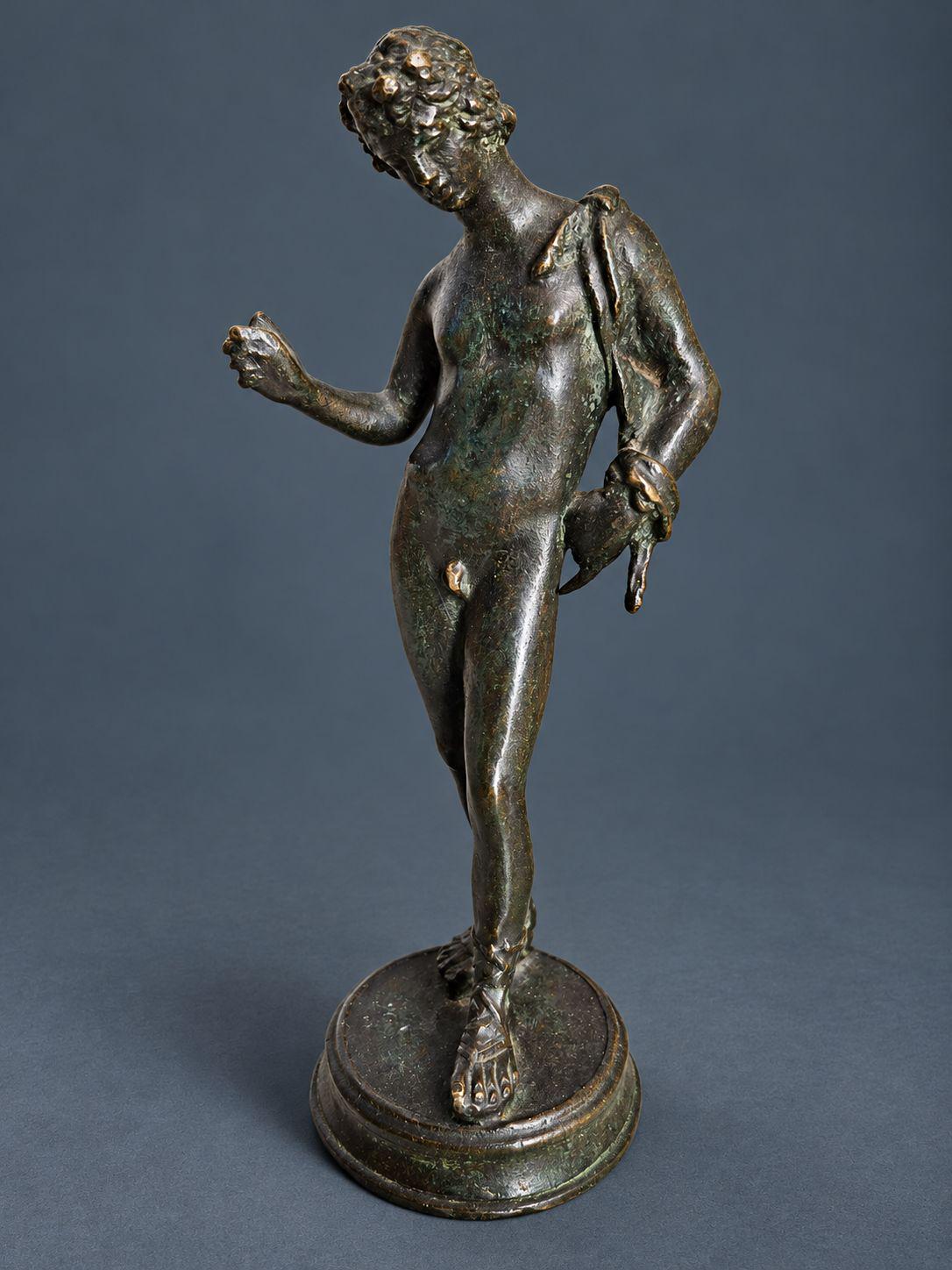 Antique 19th Century Grand Tour Bronze Statuette of Narcissus or Dionysus, After the Pompeii Original, Dark Green Patina