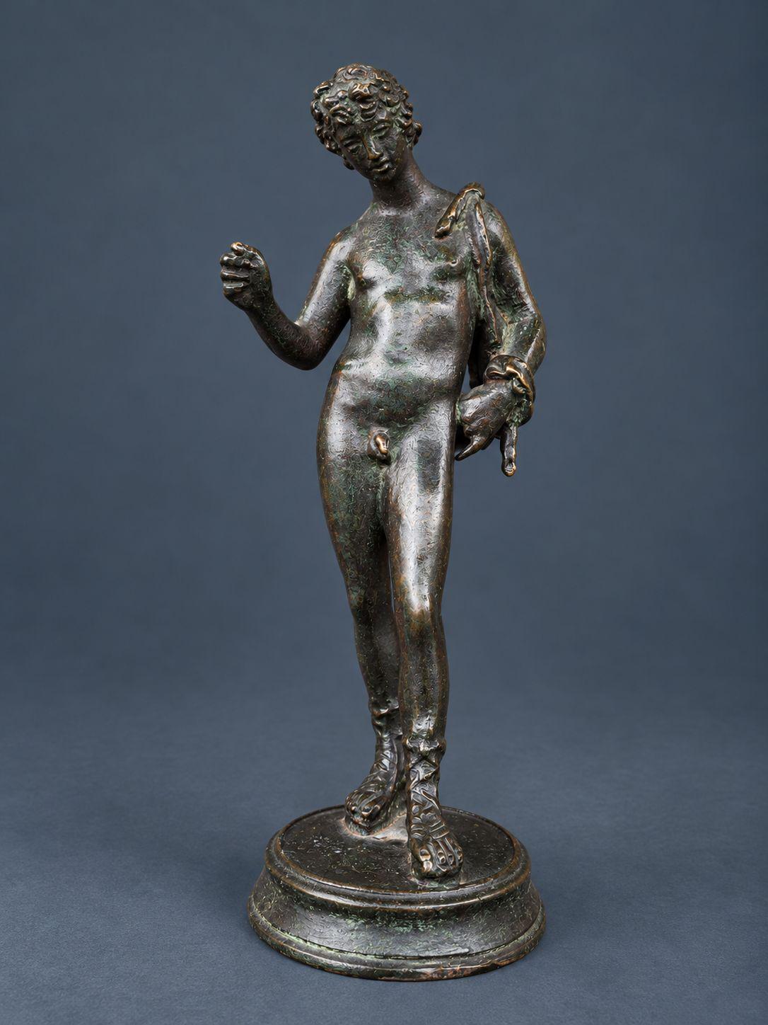 Antique 19th Century Grand Tour Bronze Statuette of Narcissus or Dionysus, After the Pompeii Original, Dark Green Patina