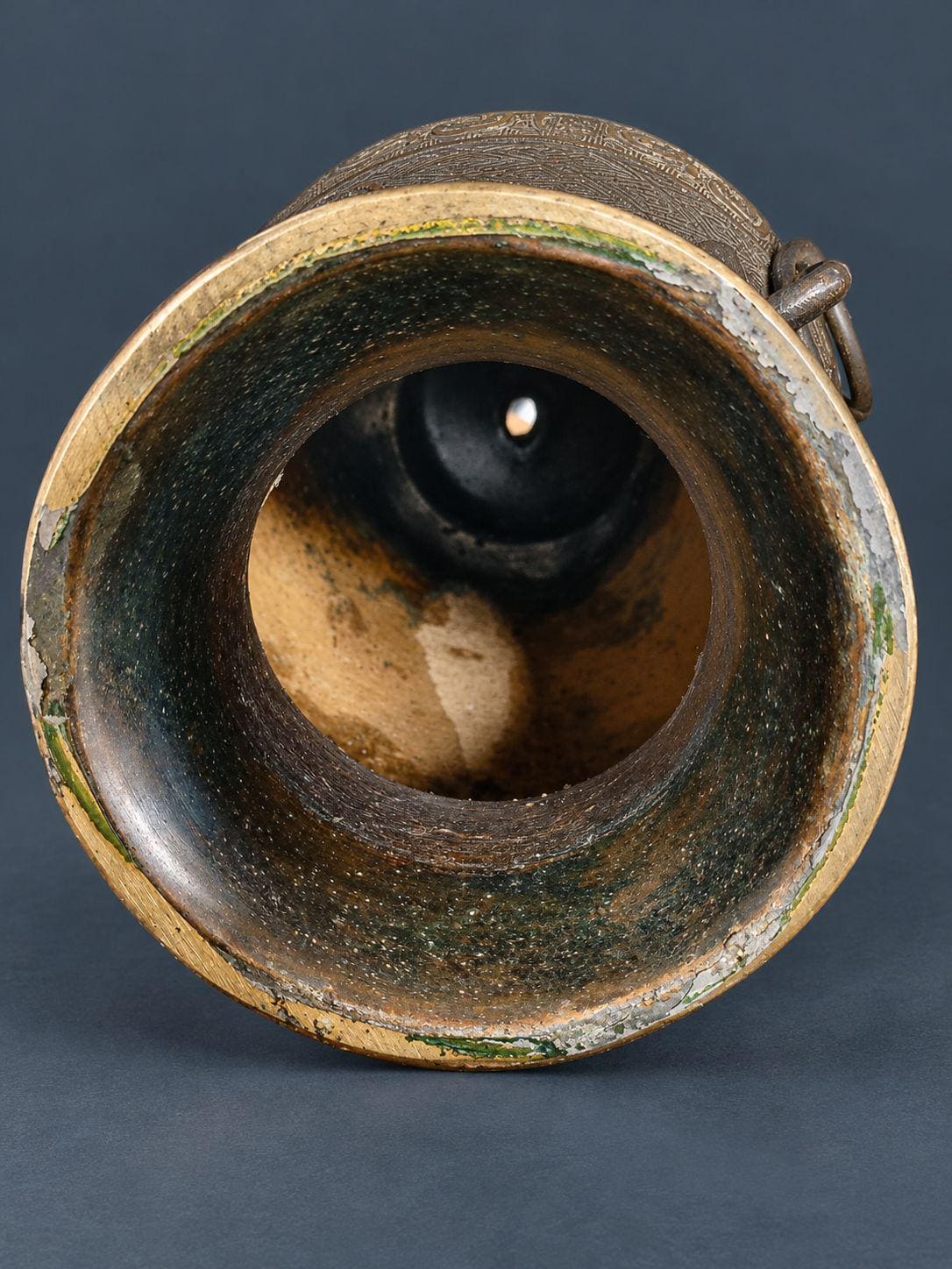 Vintage Large Archaistic Bronze Hu Vase with Cloisonne Enamel Bands, Dragon and Phoenix Decor, Ring Handles, circa 1900-1930