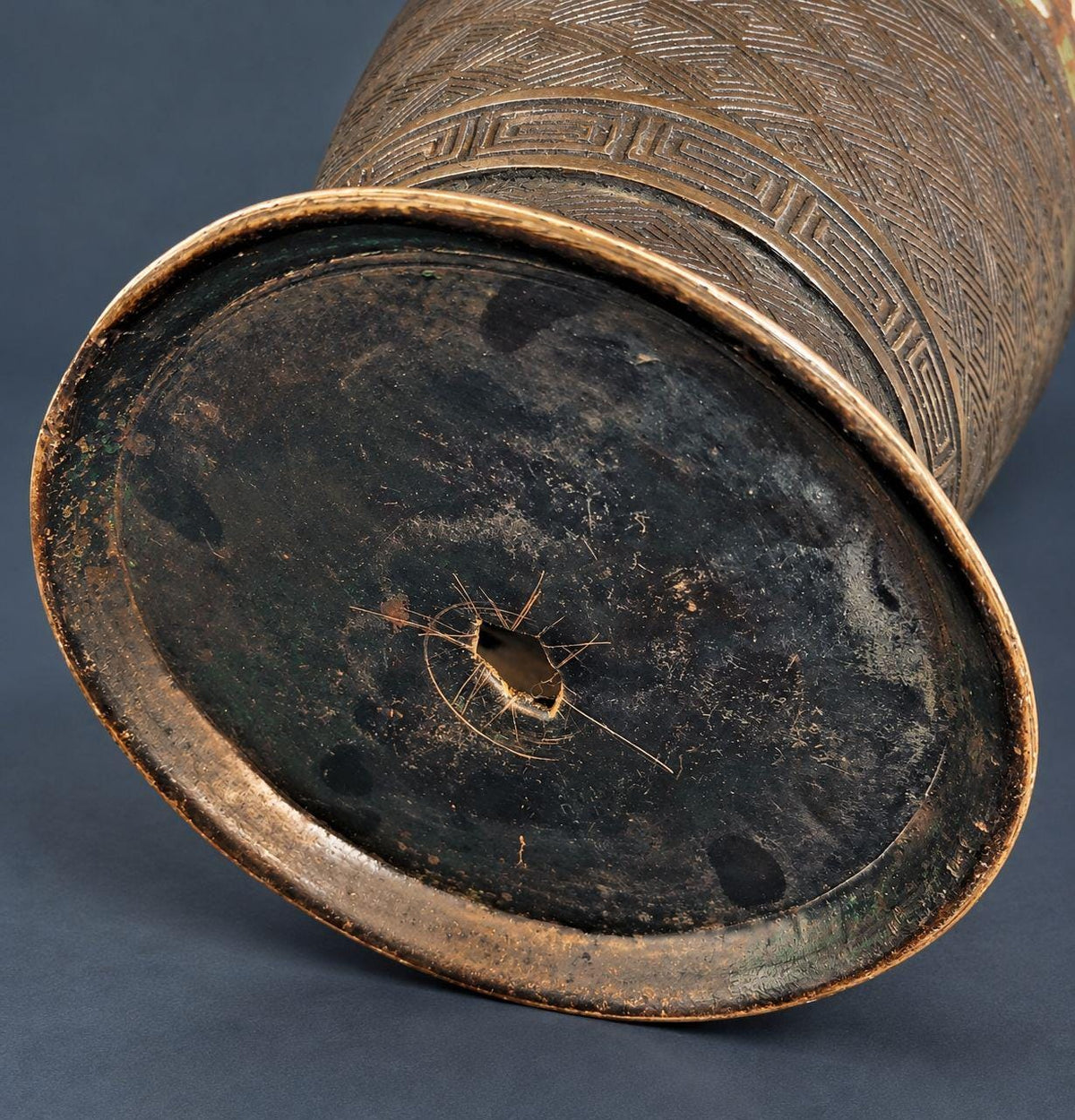Vintage Large Archaistic Bronze Hu Vase with Cloisonne Enamel Bands, Dragon and Phoenix Decor, Ring Handles, circa 1900-1930