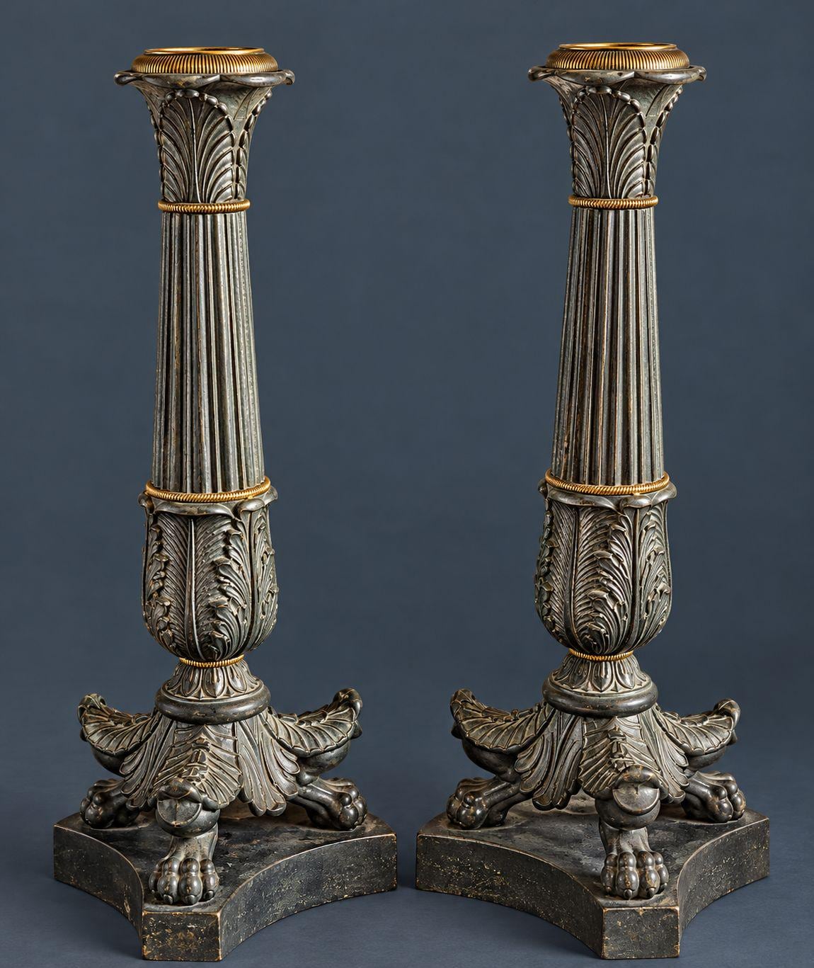 Pair of Antique Restauration Period Patinated Bronze Candlesticks, Fluted Columns with Palmettes and Lion Paw Feet, 1815-1830
