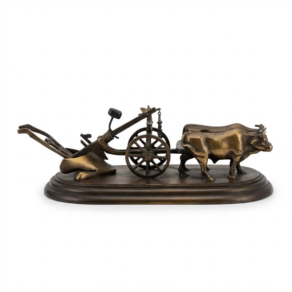 Antique 19th Century Bronze Ox Team and Wheeled Plow Sculpture, Agricultural Fair Trophy, Farmhouse Desk Decor on Oval Base