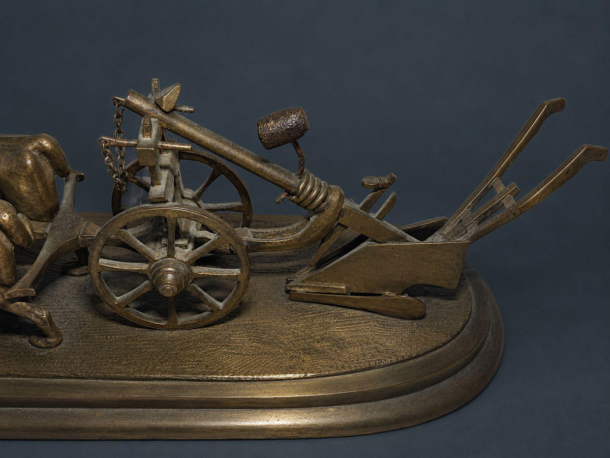 Antique 19th Century Bronze Ox Team and Wheeled Plow Sculpture, Agricultural Fair Trophy, Farmhouse Desk Decor on Oval Base