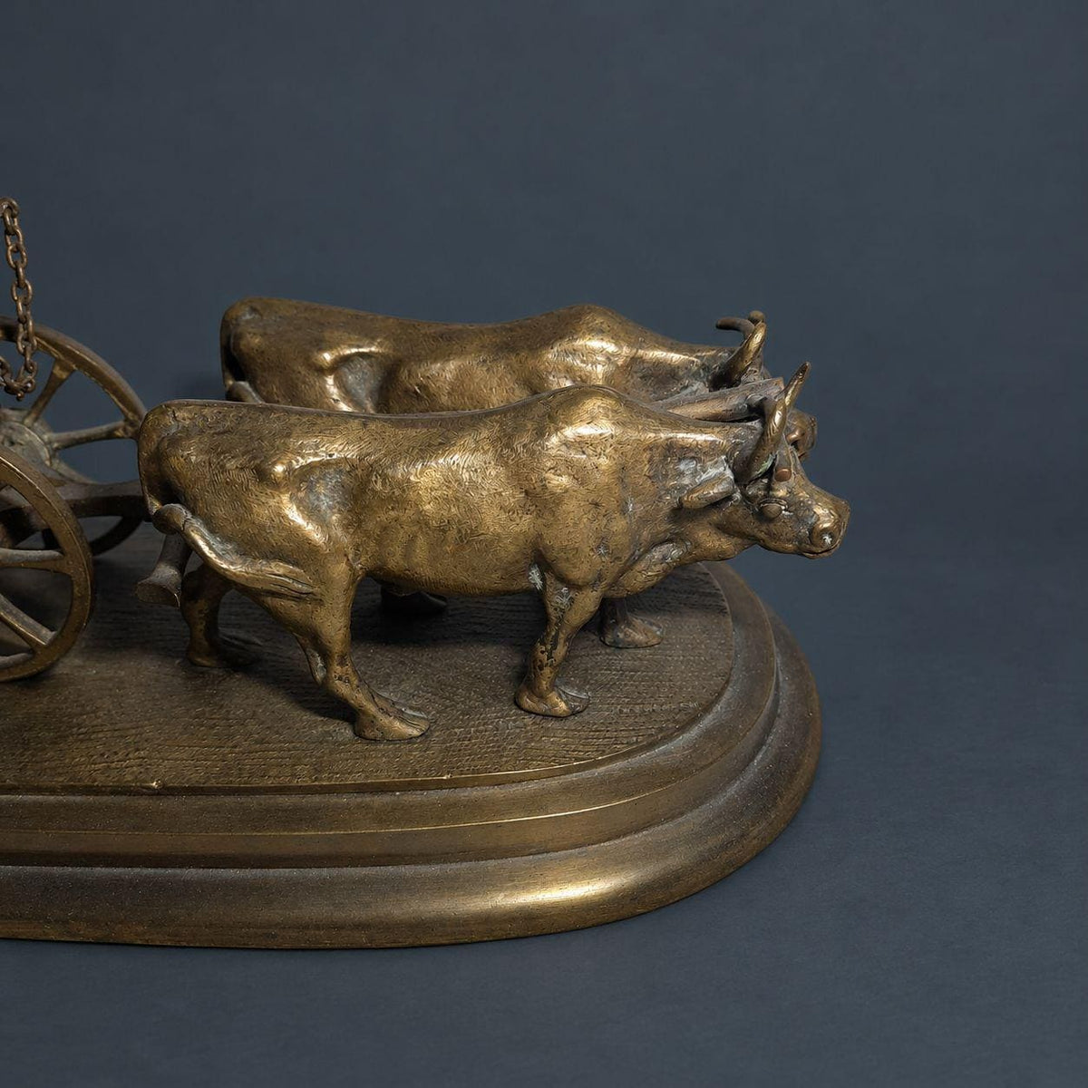 Antique 19th Century Bronze Ox Team and Wheeled Plow Sculpture, Agricultural Fair Trophy, Farmhouse Desk Decor on Oval Base