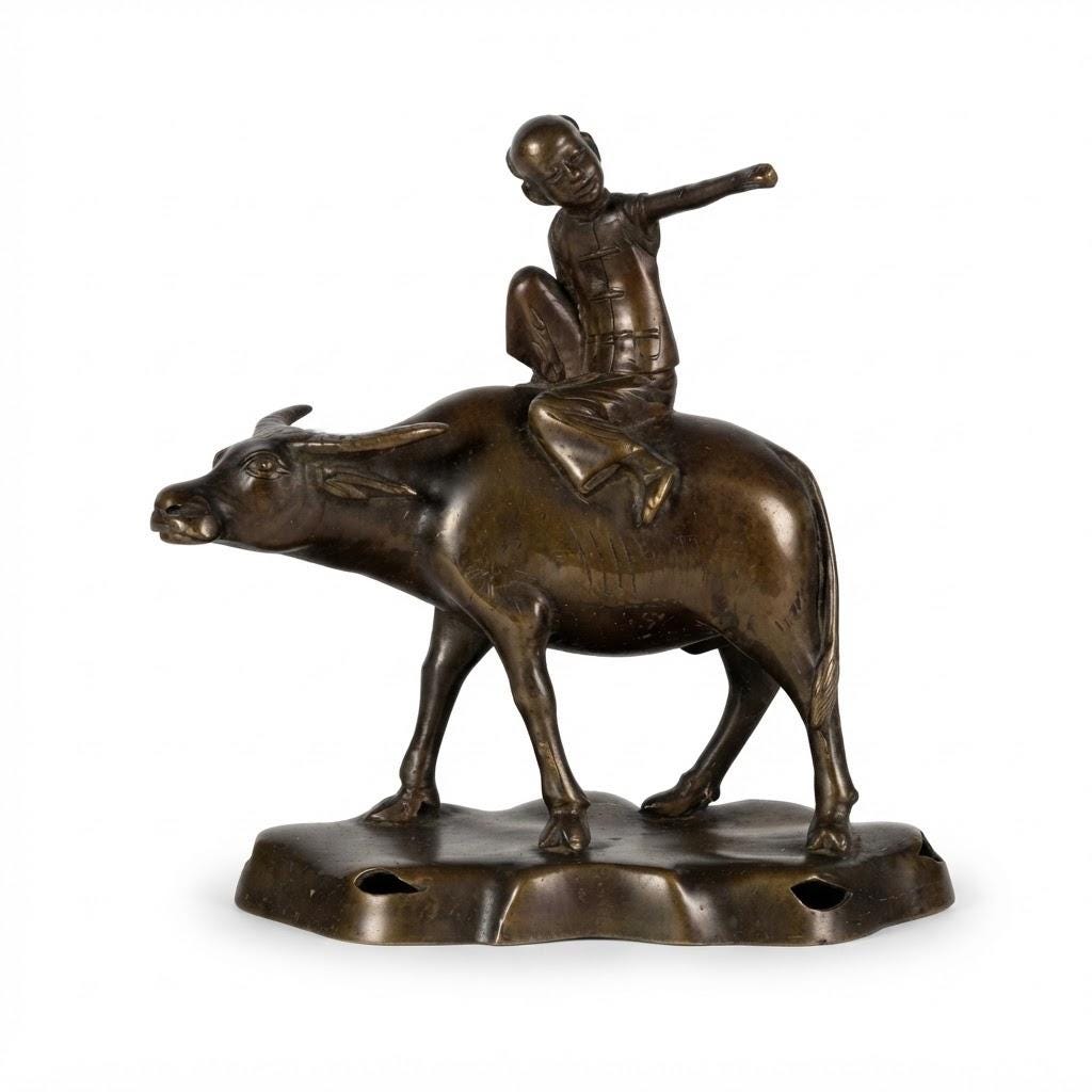 Antique Patinated Bronze Boy Riding a Water Buffalo, Herd Boy Sculpture on Pierced Rockwork Base, Asian Decor, circa 1900