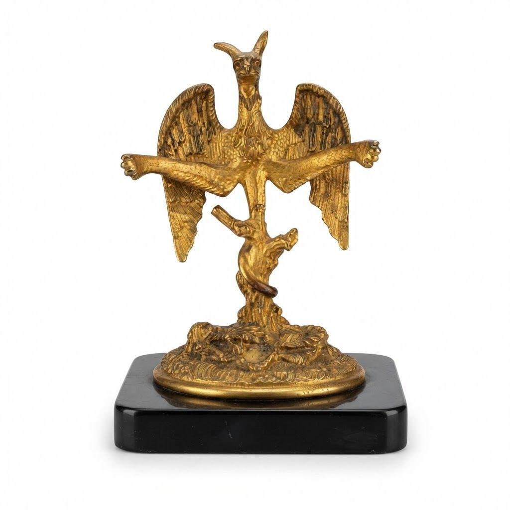 Antique Napoleon III Gilt Bronze Winged Chimera Sculpture, Horned Dragon Demon Perched on Serpent-Coiled Stump, Black Base