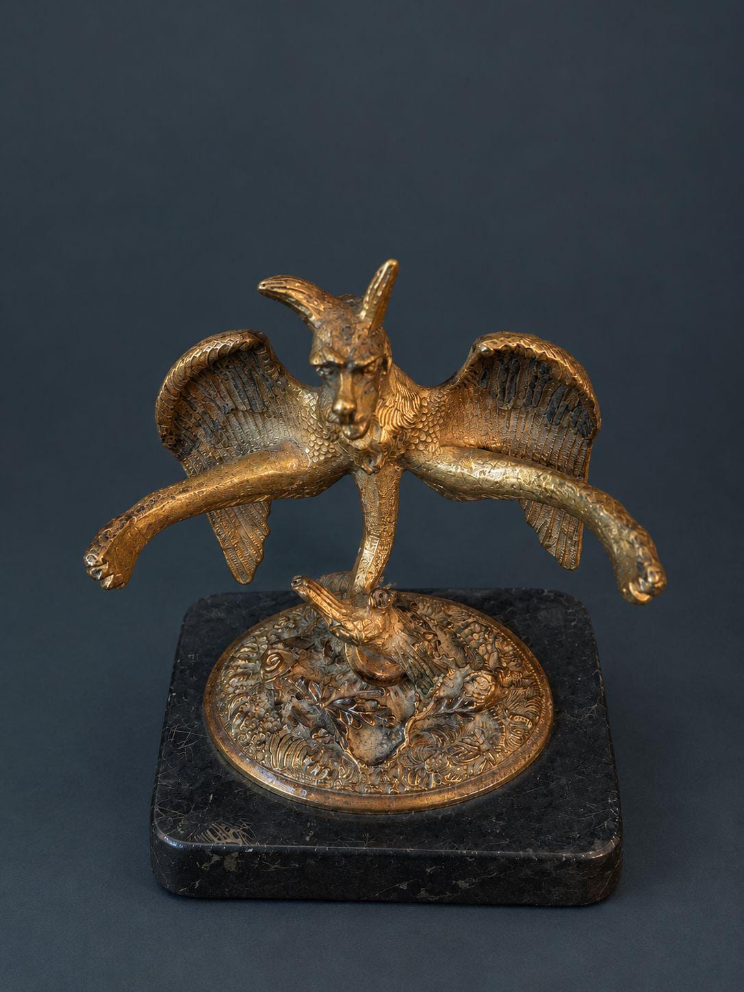Antique Napoleon III Gilt Bronze Winged Chimera Sculpture, Horned Dragon Demon Perched on Serpent-Coiled Stump, Black Base