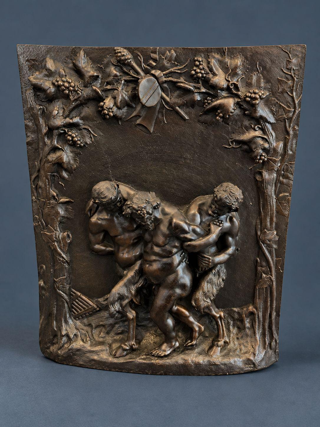 Antique 19th Century Bronze Bas-Relief Plaque, Drunken Silenus Supported by Two Satyrs Under a Grapevine Arch, Bacchanal