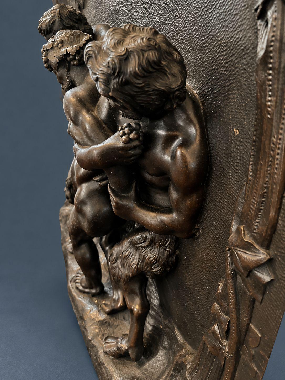 Antique 19th Century Bronze Bas-Relief Plaque, Drunken Silenus Supported by Two Satyrs Under a Grapevine Arch, Bacchanal