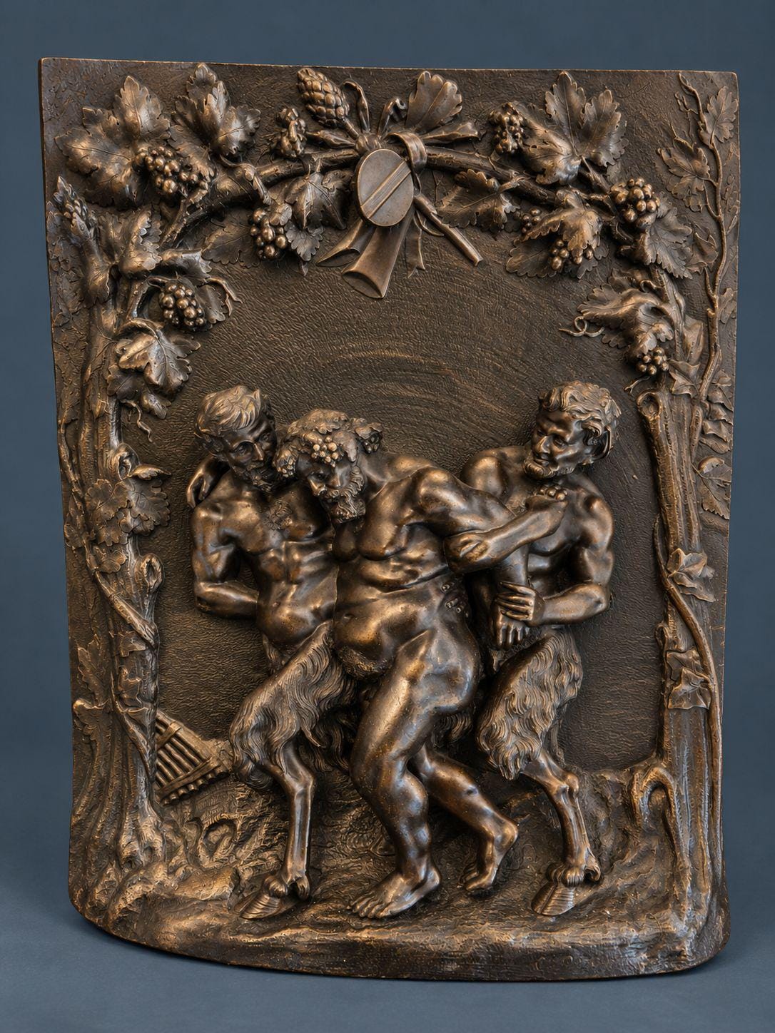 Antique 19th Century Bronze Bas-Relief Plaque, Drunken Silenus Supported by Two Satyrs Under a Grapevine Arch, Bacchanal