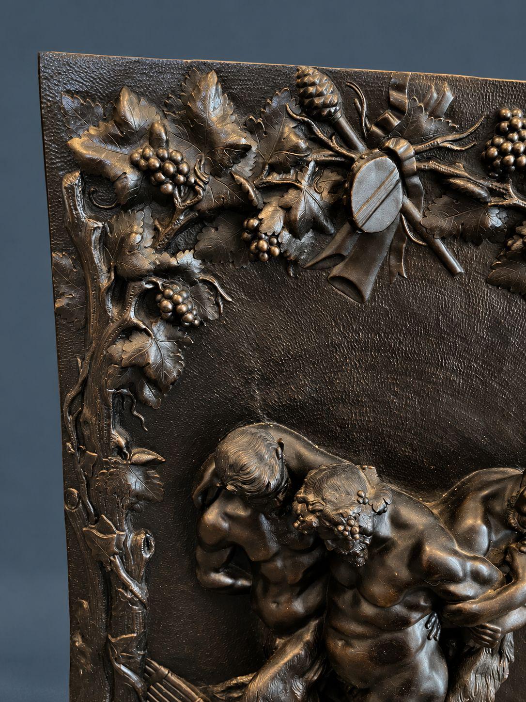 Antique 19th Century Bronze Bas-Relief Plaque, Drunken Silenus Supported by Two Satyrs Under a Grapevine Arch, Bacchanal