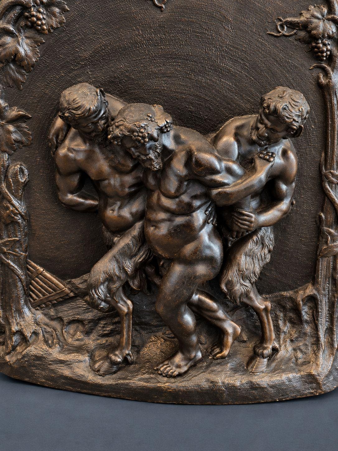Antique 19th Century Bronze Bas-Relief Plaque, Drunken Silenus Supported by Two Satyrs Under a Grapevine Arch, Bacchanal