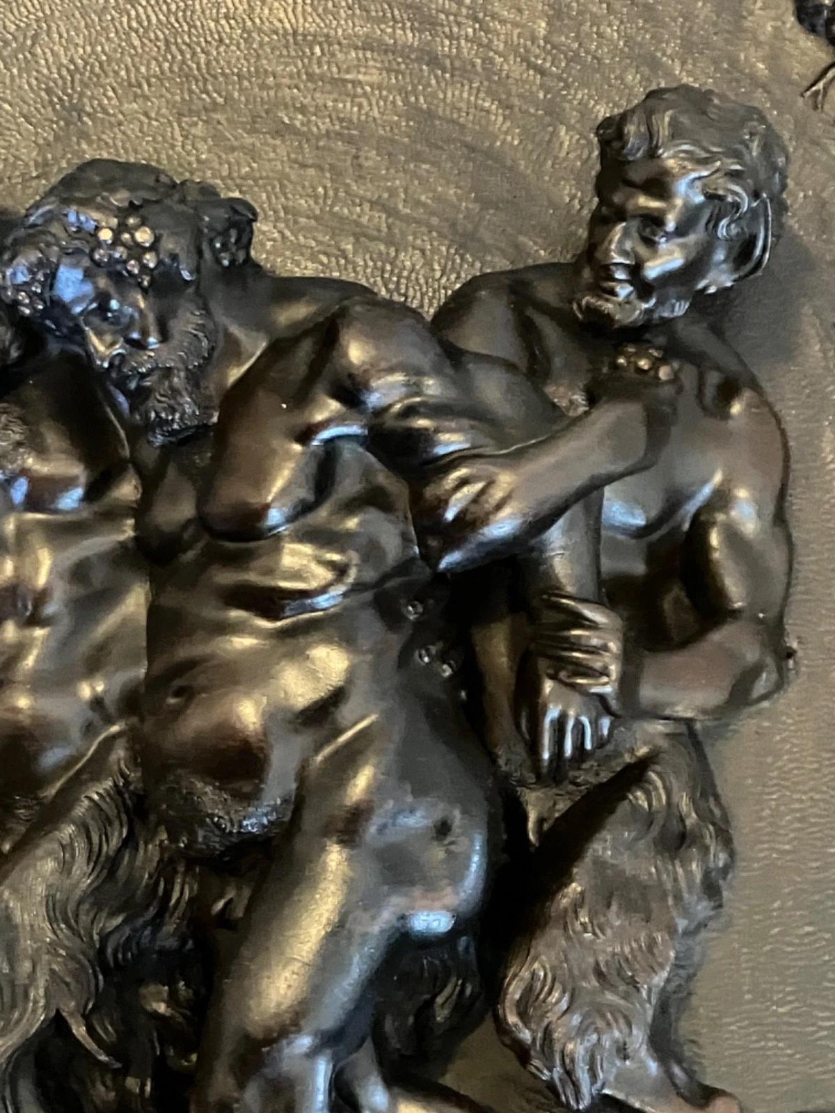 Antique 19th Century Bronze Bas-Relief Plaque, Drunken Silenus Supported by Two Satyrs Under a Grapevine Arch, Bacchanal