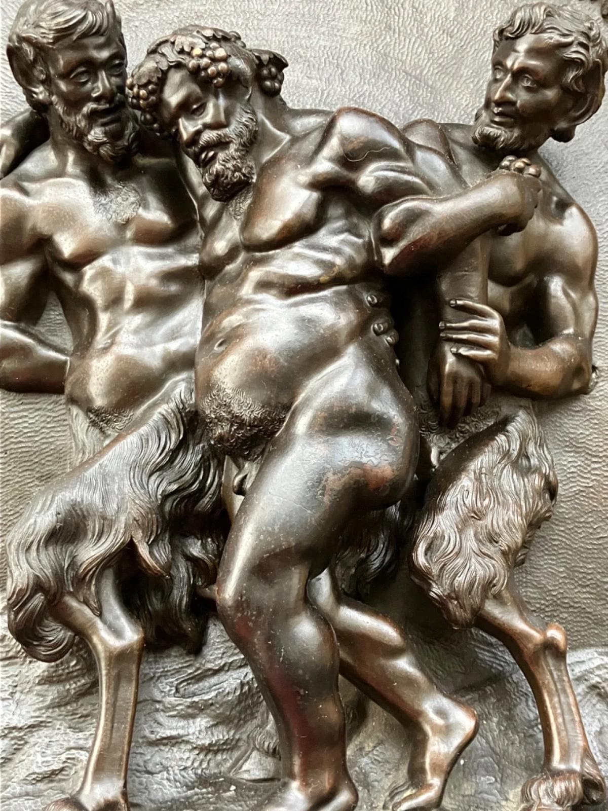 Antique 19th Century Bronze Bas-Relief Plaque, Drunken Silenus Supported by Two Satyrs Under a Grapevine Arch, Bacchanal