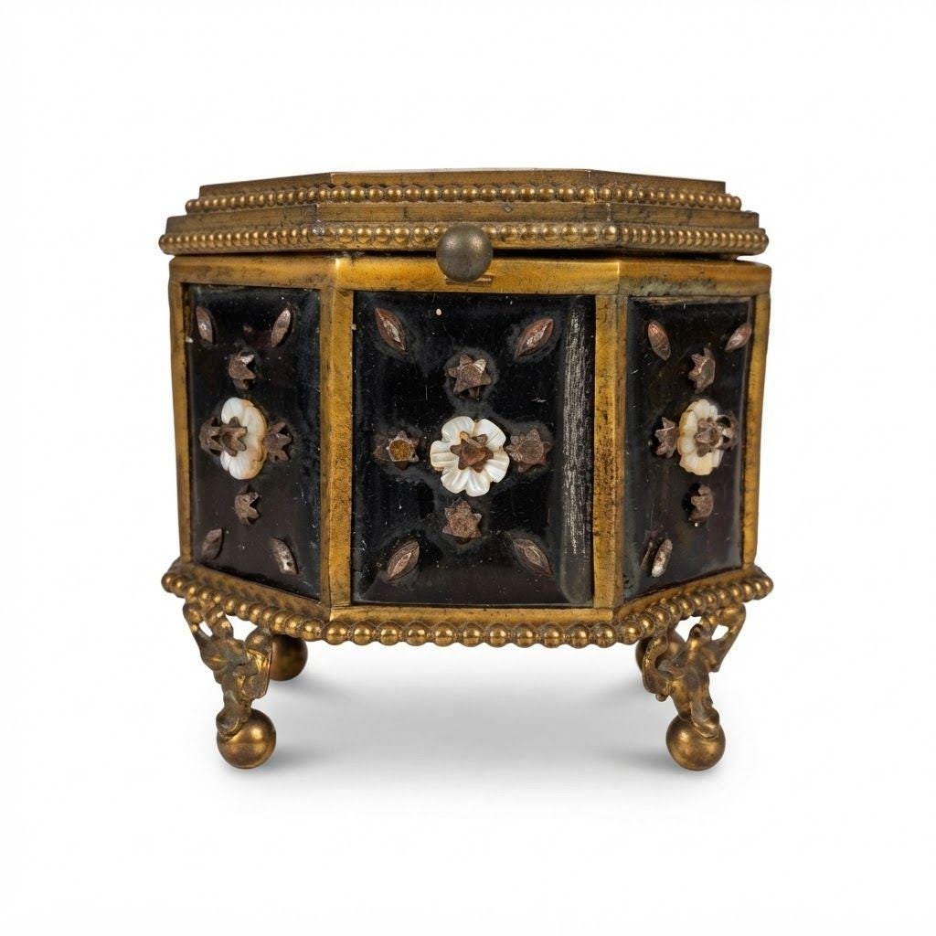Antique Napoleon III Octagonal Jewelry Box with Mother of Pearl Flowers and Cut Steel Studs, Gilt Brass Frame on Ball Feet