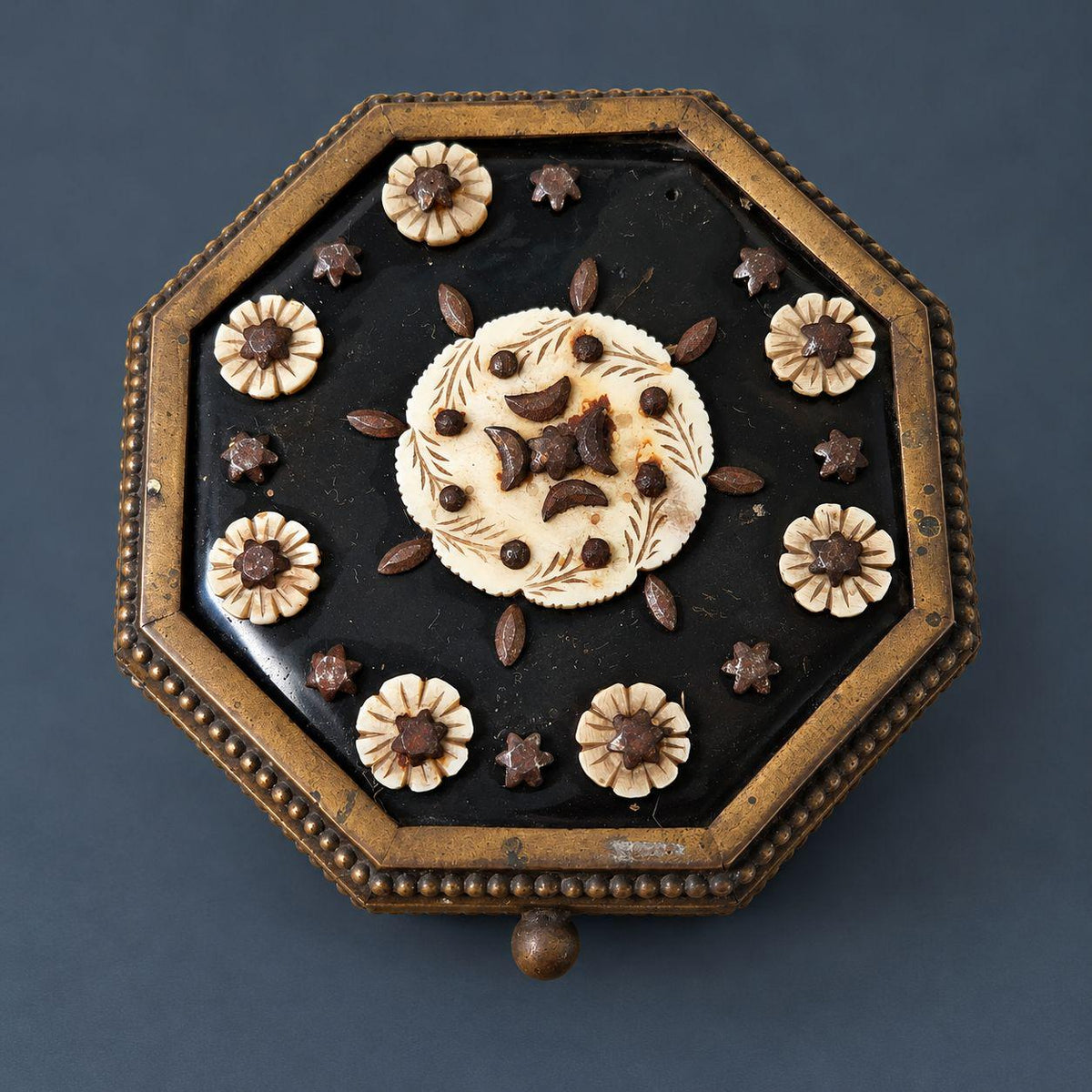 Antique Napoleon III Octagonal Jewelry Box with Mother of Pearl Flowers and Cut Steel Studs, Gilt Brass Frame on Ball Feet
