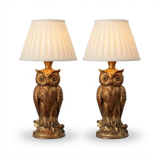Pair of Vintage 1960s Gilt Metal Owl Table Lamps, Horned Owls Perched on Oak Leaf Branches, Hollywood Regency Bedside Lighting