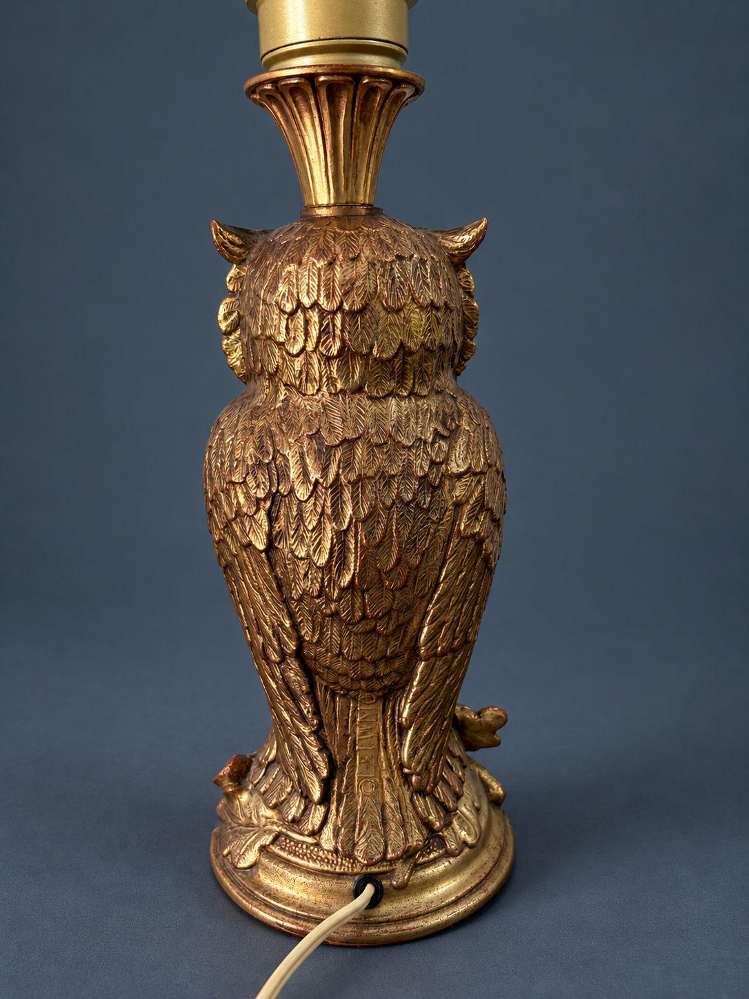 Pair of Vintage 1960s Gilt Metal Owl Table Lamps, Horned Owls Perched on Oak Leaf Branches, Hollywood Regency Bedside Lighting