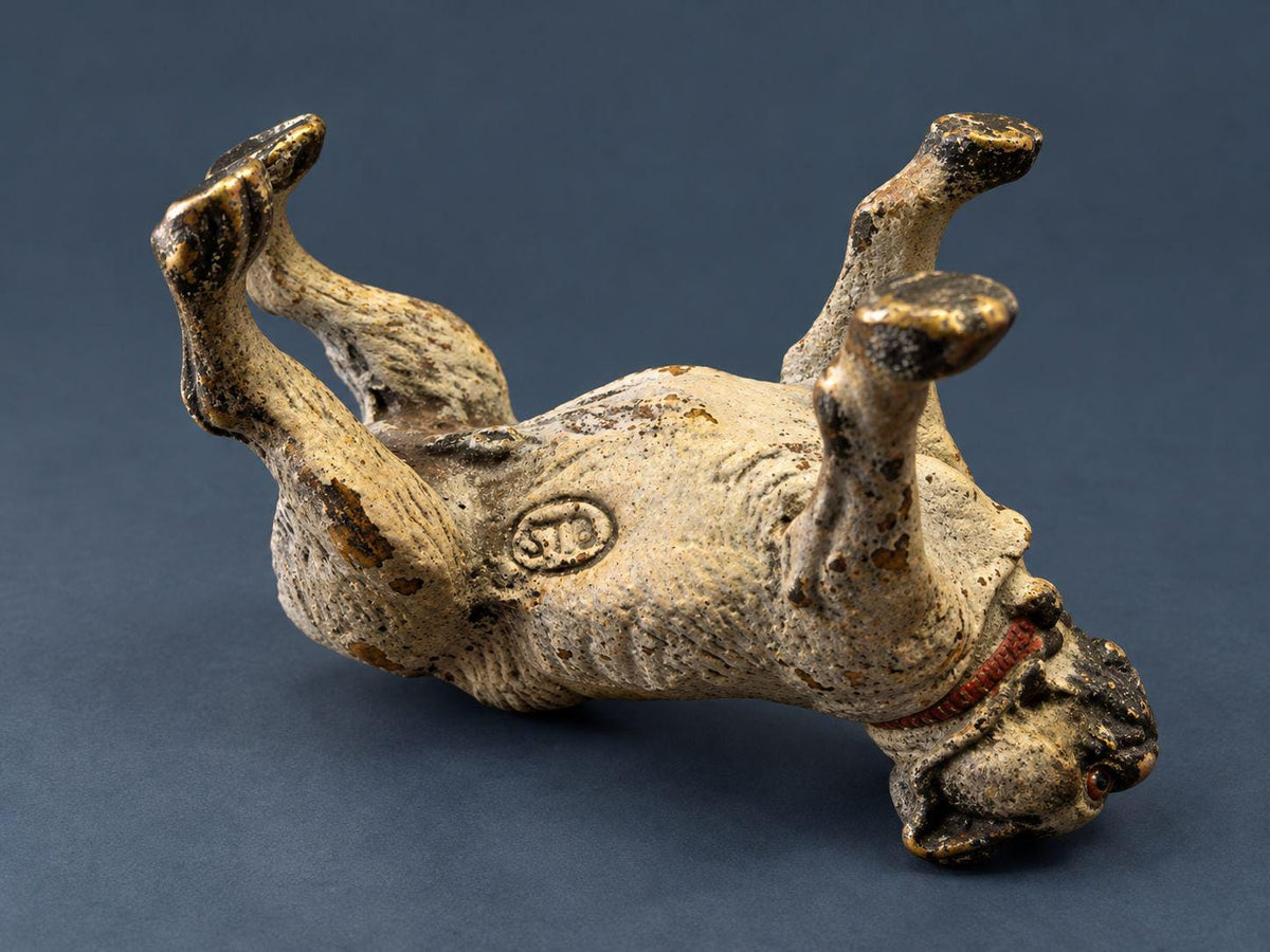 Antique Austrian Cold-Painted Vienna Bronze Pug Figurine, Miniature Dog with Red Collar and Curled Tail, circa 1900