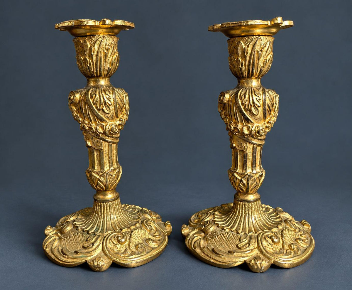 Pair of Antique 19th Century Gilt Bronze Rococo Candlesticks, Rocaille Shell Bases, Flower Garland Stems, Removable Bobeches