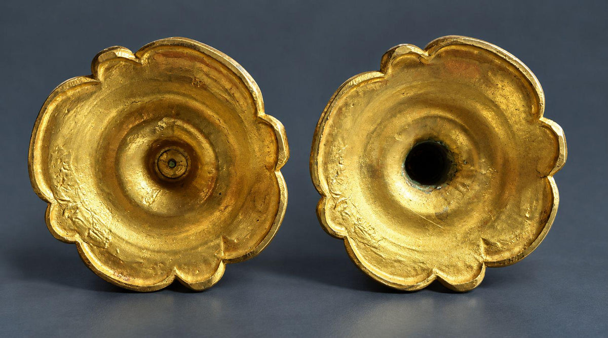 Pair of Antique 19th Century Gilt Bronze Rococo Candlesticks, Rocaille Shell Bases, Flower Garland Stems, Removable Bobeches
