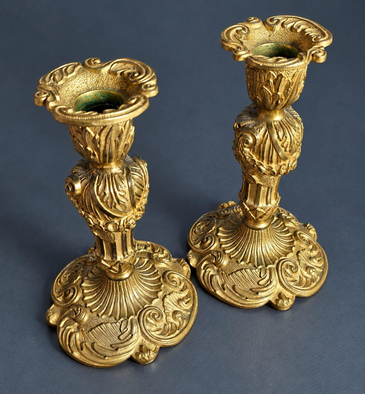 Pair of Antique 19th Century Gilt Bronze Rococo Candlesticks, Rocaille Shell Bases, Flower Garland Stems, Removable Bobeches