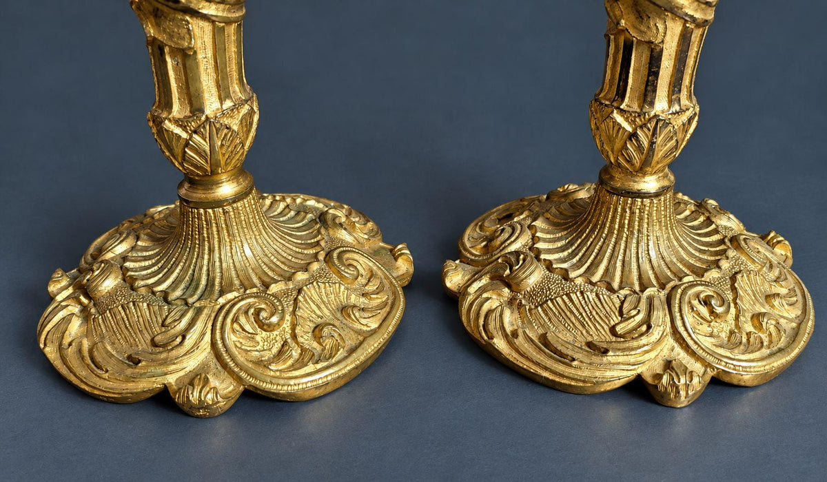 Pair of Antique 19th Century Gilt Bronze Rococo Candlesticks, Rocaille Shell Bases, Flower Garland Stems, Removable Bobeches