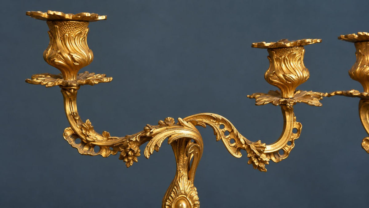 Pair of Antique 19th Century Louis XV Style Gilt Bronze Two-Light Candelabra, Rocaille Arms with Flowers and Pierced Bases