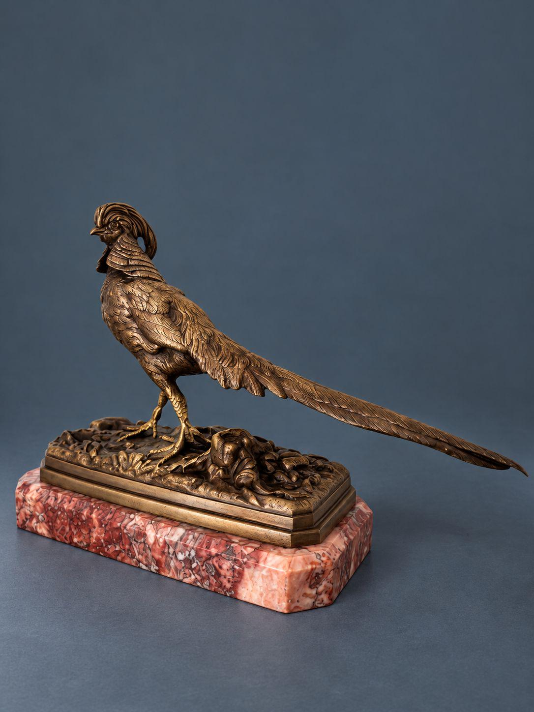 Antique 19th Century French Bronze Pheasant Sculpture, Crested Golden Pheasant with Long Tail on Rouge Marble Plinth