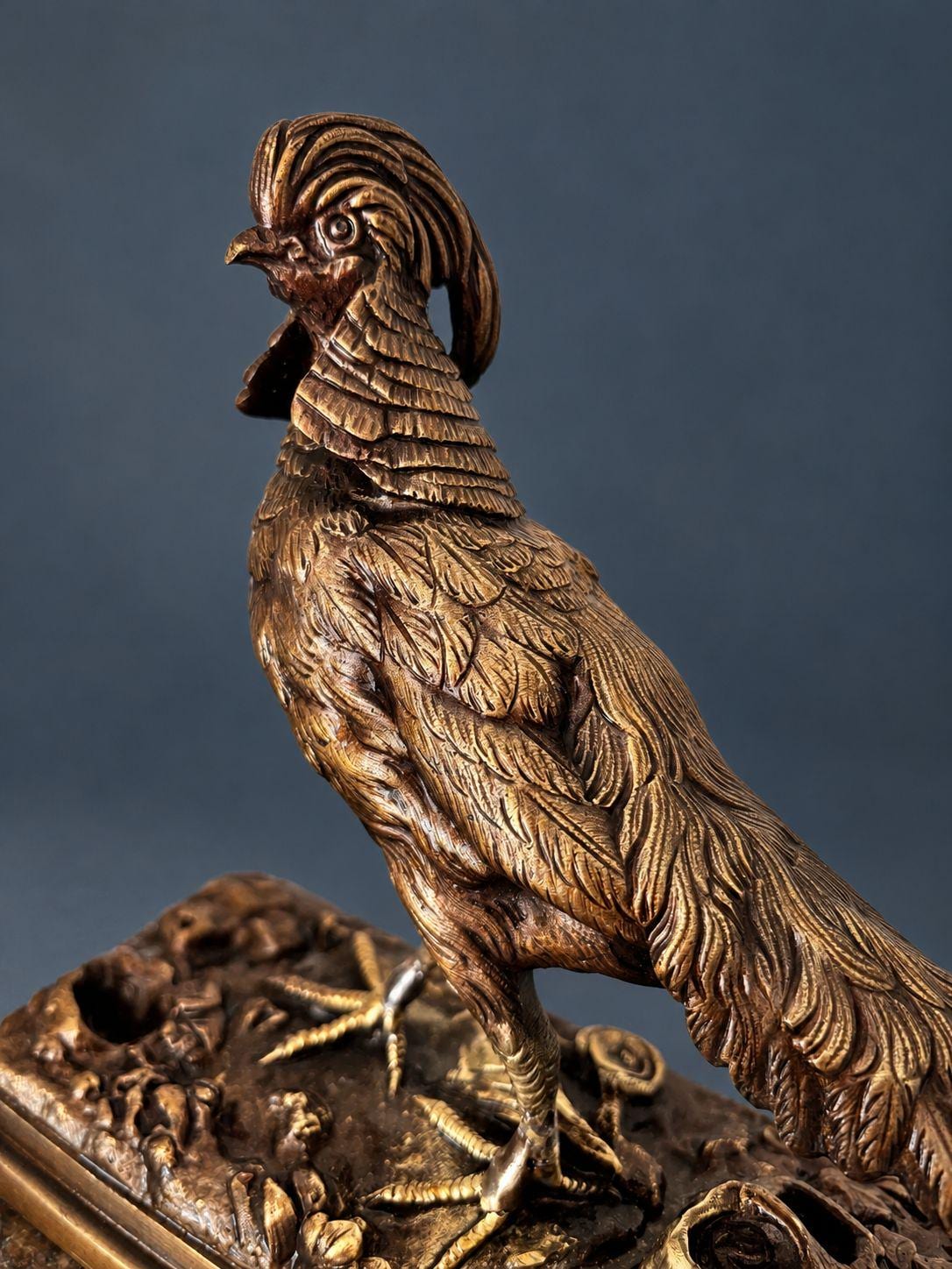 Antique 19th Century French Bronze Pheasant Sculpture, Crested Golden Pheasant with Long Tail on Rouge Marble Plinth