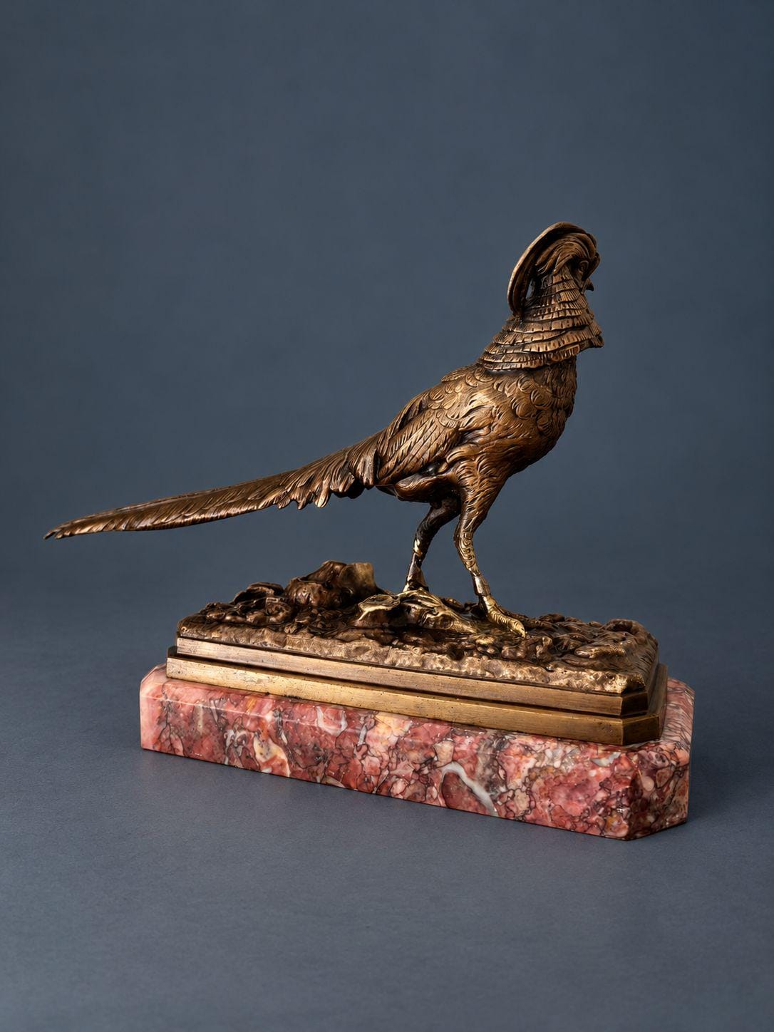 Antique 19th Century French Bronze Pheasant Sculpture, Crested Golden Pheasant with Long Tail on Rouge Marble Plinth