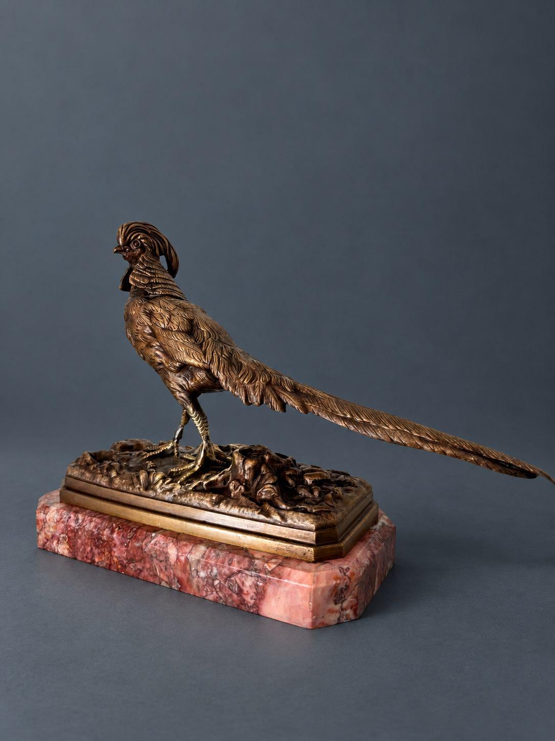 Antique 19th Century French Bronze Pheasant Sculpture, Crested Golden Pheasant with Long Tail on Rouge Marble Plinth