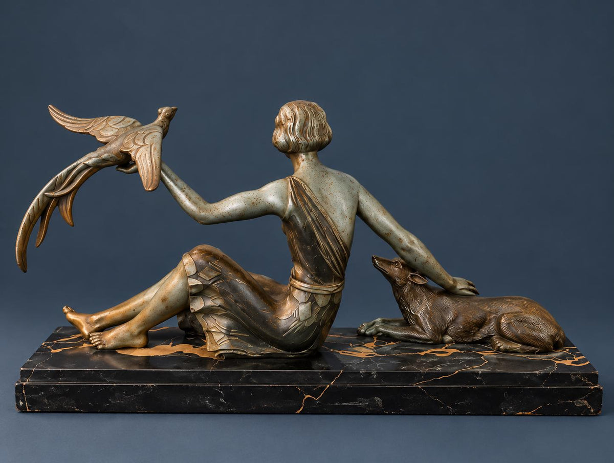 Vintage Art Deco Spelter Sculpture, Seated Woman with Greyhound Releasing an Exotic Bird, Portoro Marble Base, 1930s