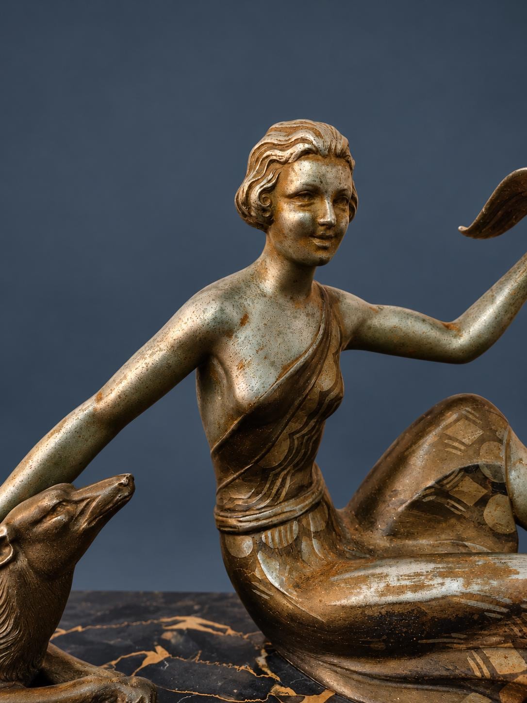Vintage Art Deco Spelter Sculpture, Seated Woman with Greyhound Releasing an Exotic Bird, Portoro Marble Base, 1930s