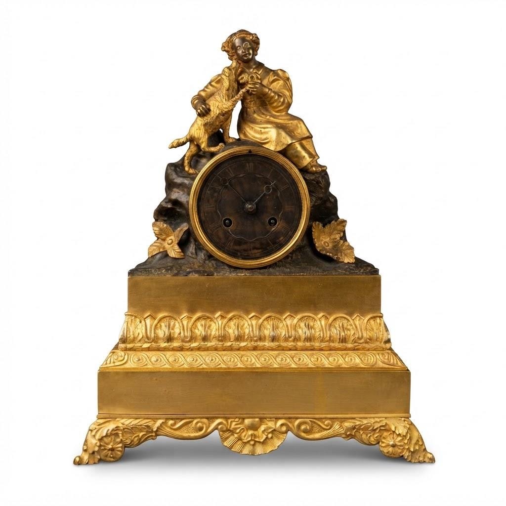 Antique Louis-Philippe Gilt Bronze Mantel Clock, Girl in Bonnet Playing with Her Spaniel, circa 1840, Sold for Restoration