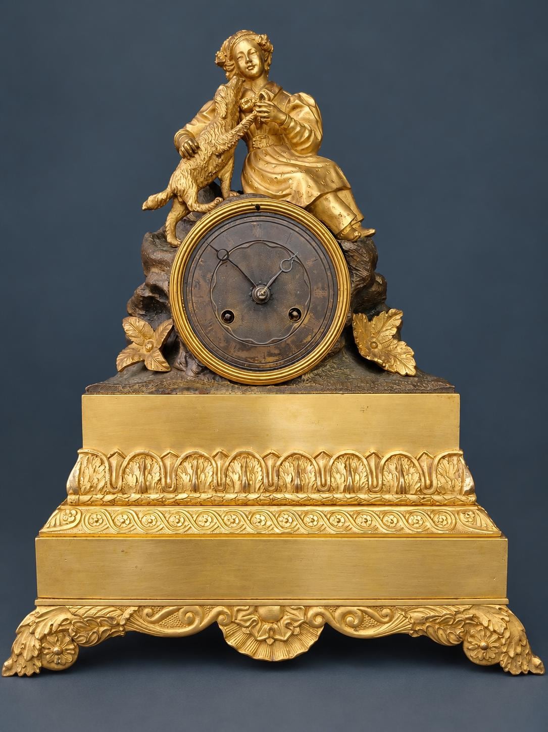 Antique Louis-Philippe Gilt Bronze Mantel Clock, Girl in Bonnet Playing with Her Spaniel, circa 1840, Sold for Restoration