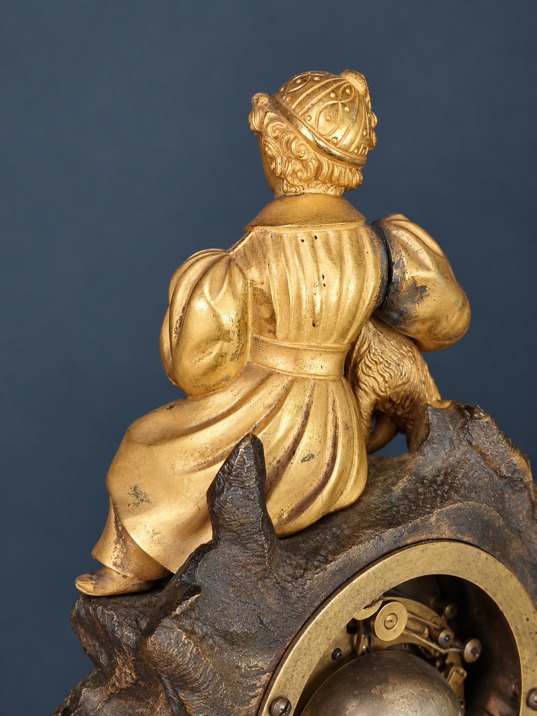 Antique Louis-Philippe Gilt Bronze Mantel Clock, Girl in Bonnet Playing with Her Spaniel, circa 1840, Sold for Restoration
