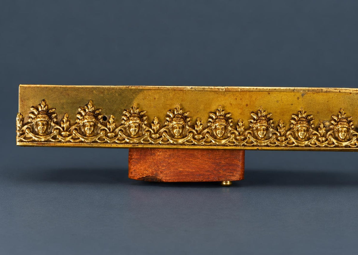 Antique French Gilt Brass Aneroid Barometer, Square Empire Style Frame with Gilt Mask Corner Mounts and Ring Hanger, 1890s