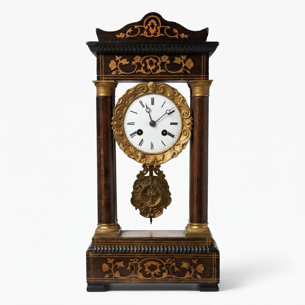 Antique Charles X Portico Mantel Clock with Inlaid Wood Marquetry, Four Columns, Gilt Bronze Dial Surround, circa 1830