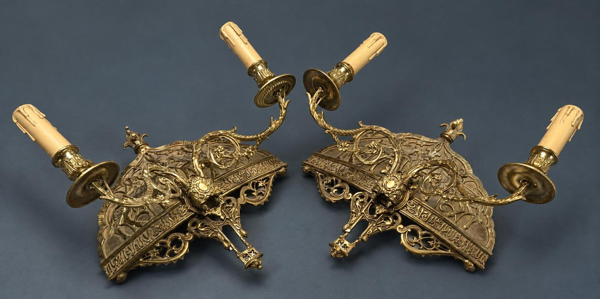 Pair of Antique Brass Two-Arm Wall Sconces, Pierced Ottoman Style Backplates with Scrolling Piano Sconce Arms, 19th Century