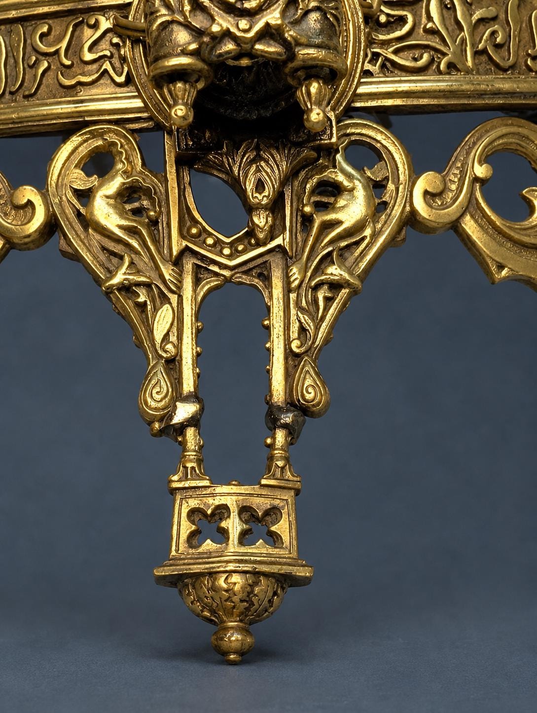 Pair of Antique Brass Two-Arm Wall Sconces, Pierced Ottoman Style Backplates with Scrolling Piano Sconce Arms, 19th Century