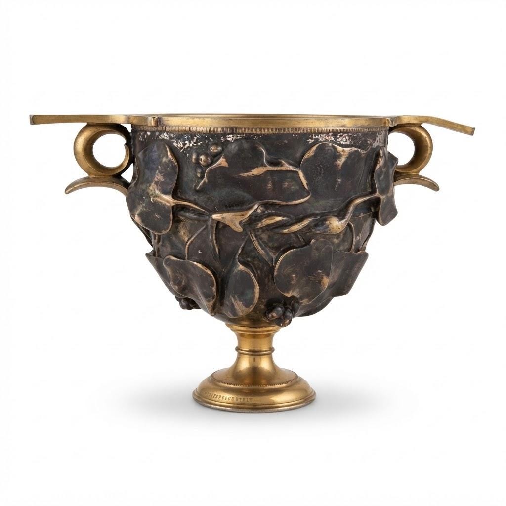 Antique Barbedienne Two-Tone Bronze Skyphos Cup with Ivy Leaves and Berries, After an Ancient Roman Silver Cup, Late 1800s