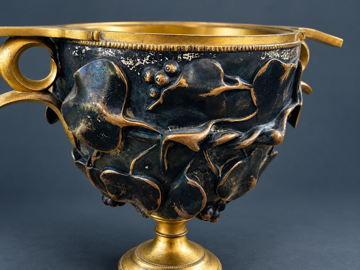 Antique Barbedienne Two-Tone Bronze Skyphos Cup with Ivy Leaves and Berries, After an Ancient Roman Silver Cup, Late 1800s