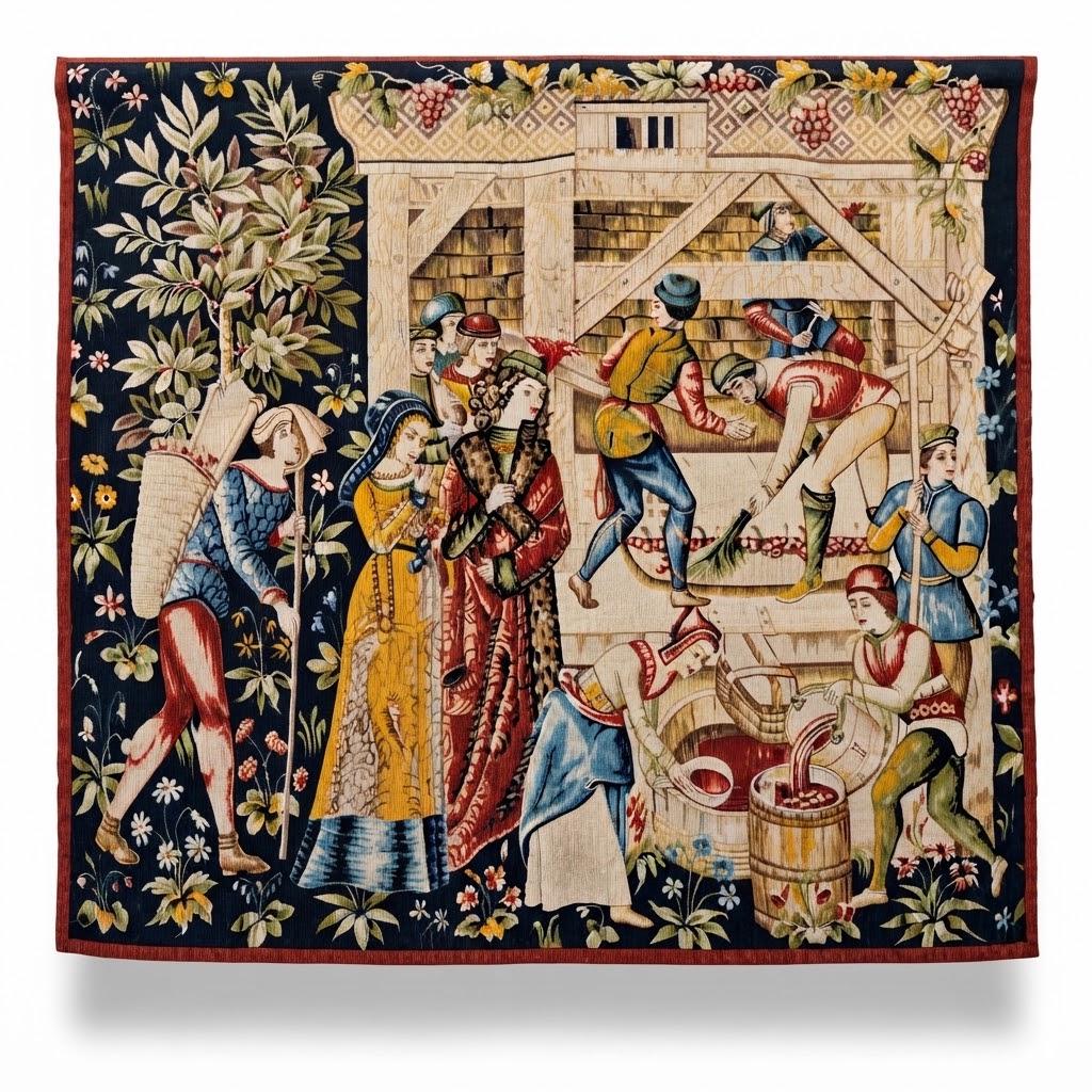 Vintage Robert Four Aubusson Silkscreen Tapestry Replica, Le Pressoir Medieval Wine Press Harvest Scene, Numbered, 45 x 46 in