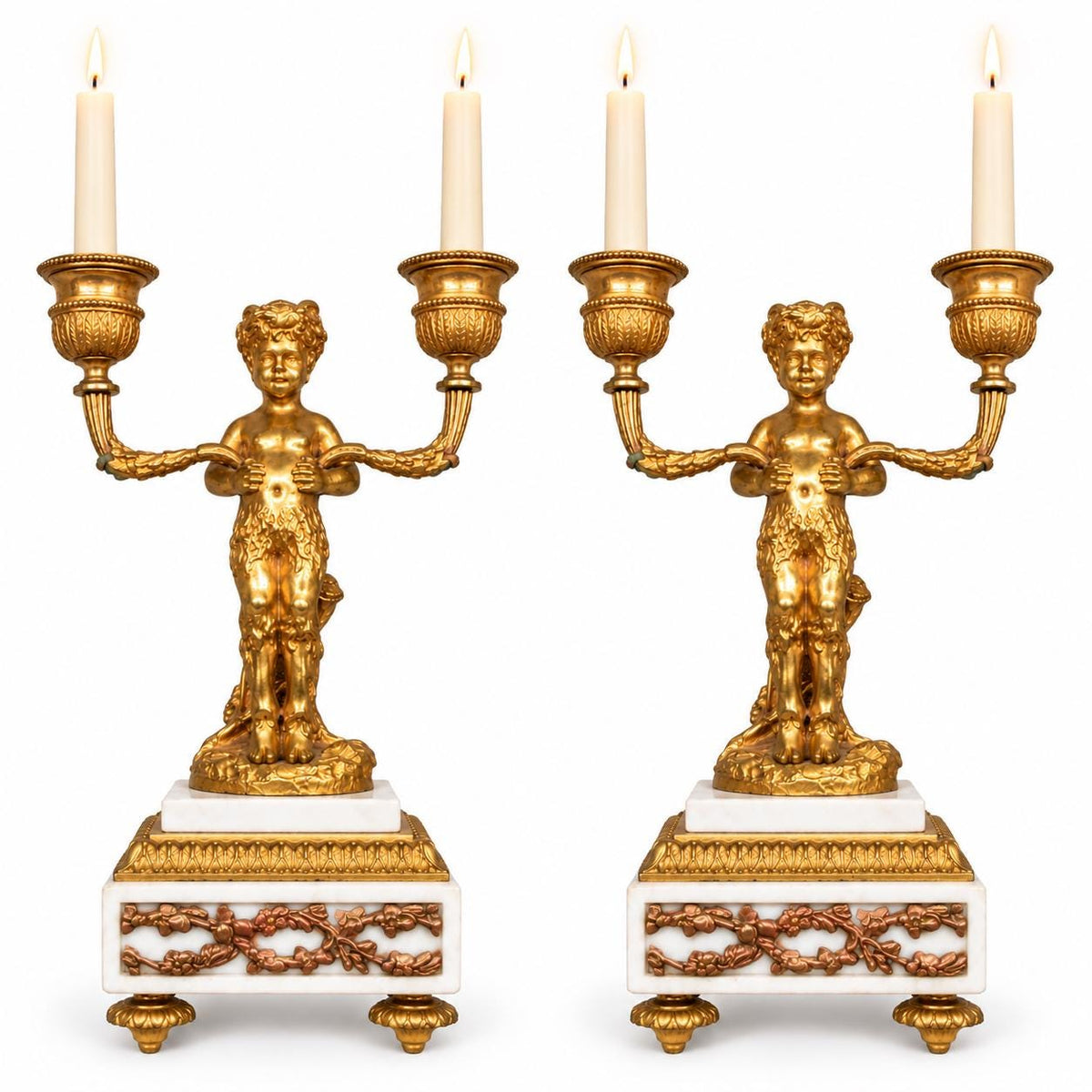 Pair of Antique Napoleon III Gilt Bronze Faun Candelabra, Young Satyrs Holding Laurel Garland Arms, White Marble Bases