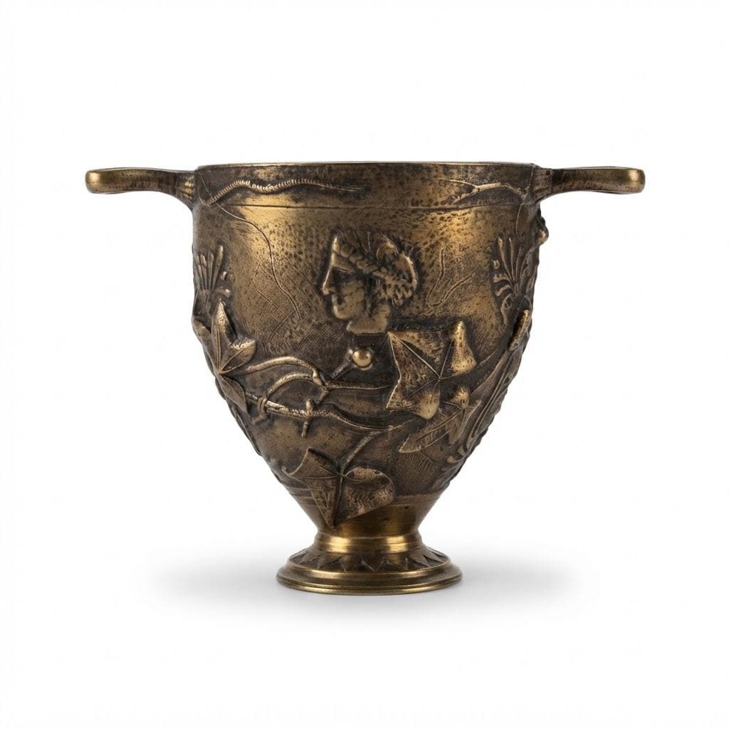 Antique 19th Century French Bronze Skyphos Cup with Ivy, Palmettes and Ancient Coin Medallion, Neo-Grec Two-Handled Vessel