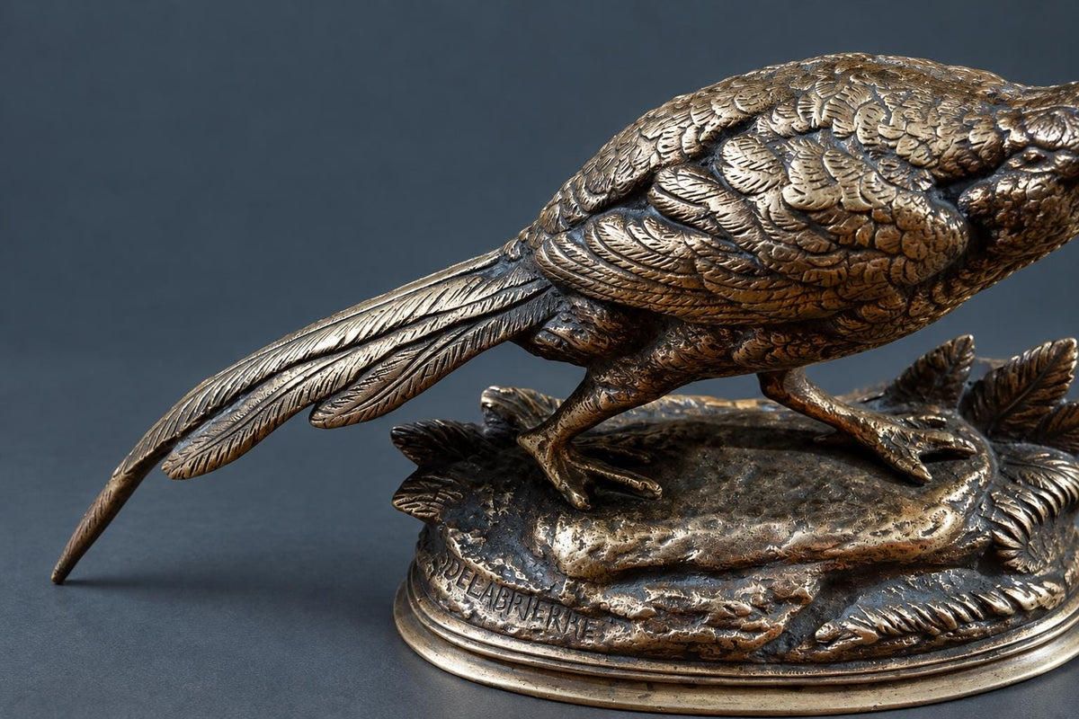 Antique French Animalier Bronze Pheasant by Edouard Delabrierre, Signed, Walking Game Bird on Leafy Oval Base, 19th C